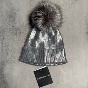 Adrienne Landau Silver Gray Knit Hat with Pom-Pom